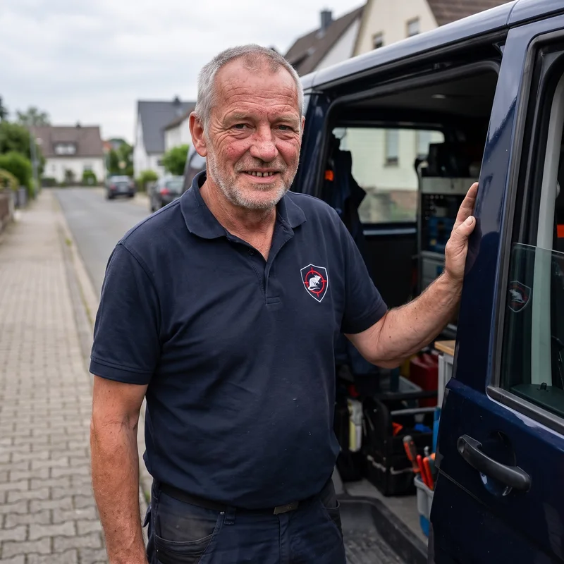 Jürgen Klostermann, geprüfter Schädlingsbekämpfer (IHK), an seinem Einsatzwagen