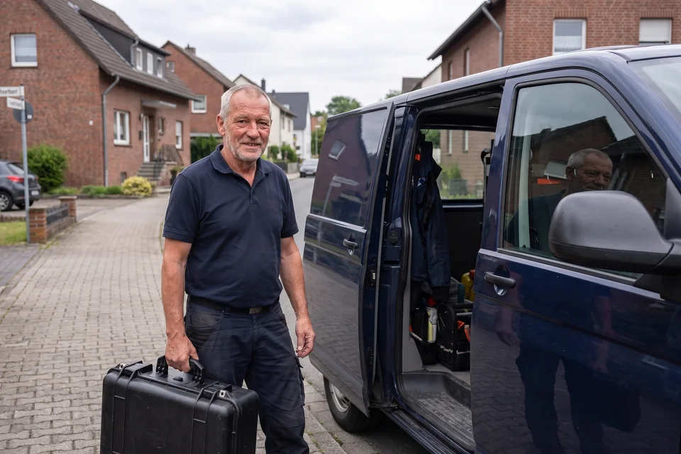 Jürgen Klostermann belädt seinen Einsatzwagen mit Köderstationen vor einem Wohnhaus