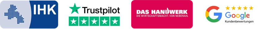 Ausgezeichnet: IHK, Trustpilot, Das Handwerk, Google Kundenbewertungen